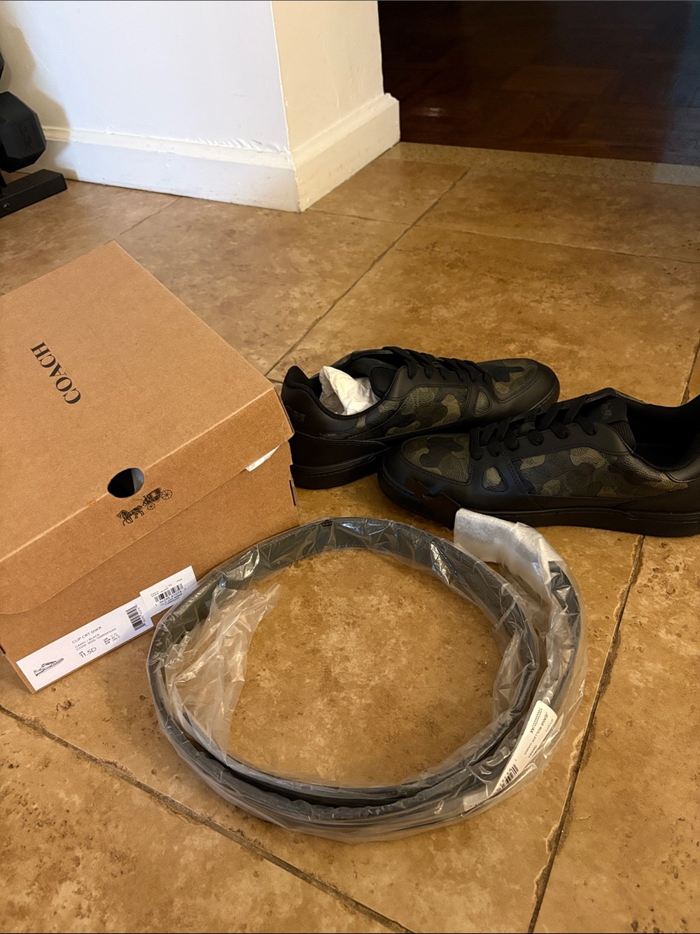 Coach Clip Court Sneaker in Camo plus Belt- men’s size 11.5